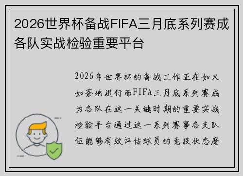 2026世界杯备战FIFA三月底系列赛成各队实战检验重要平台